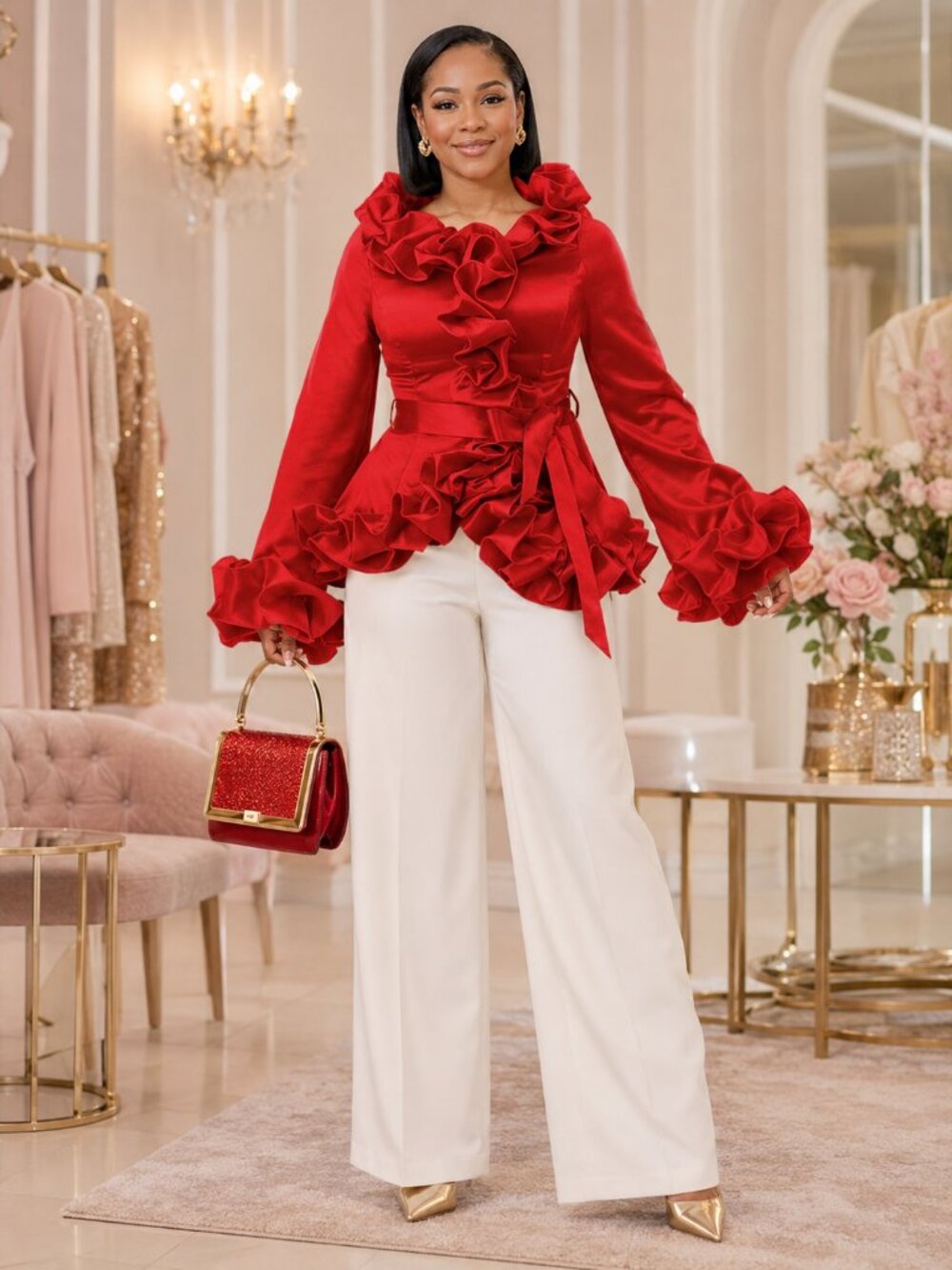 Red Satin Ruffle Wrap Blouse with Tie Waist